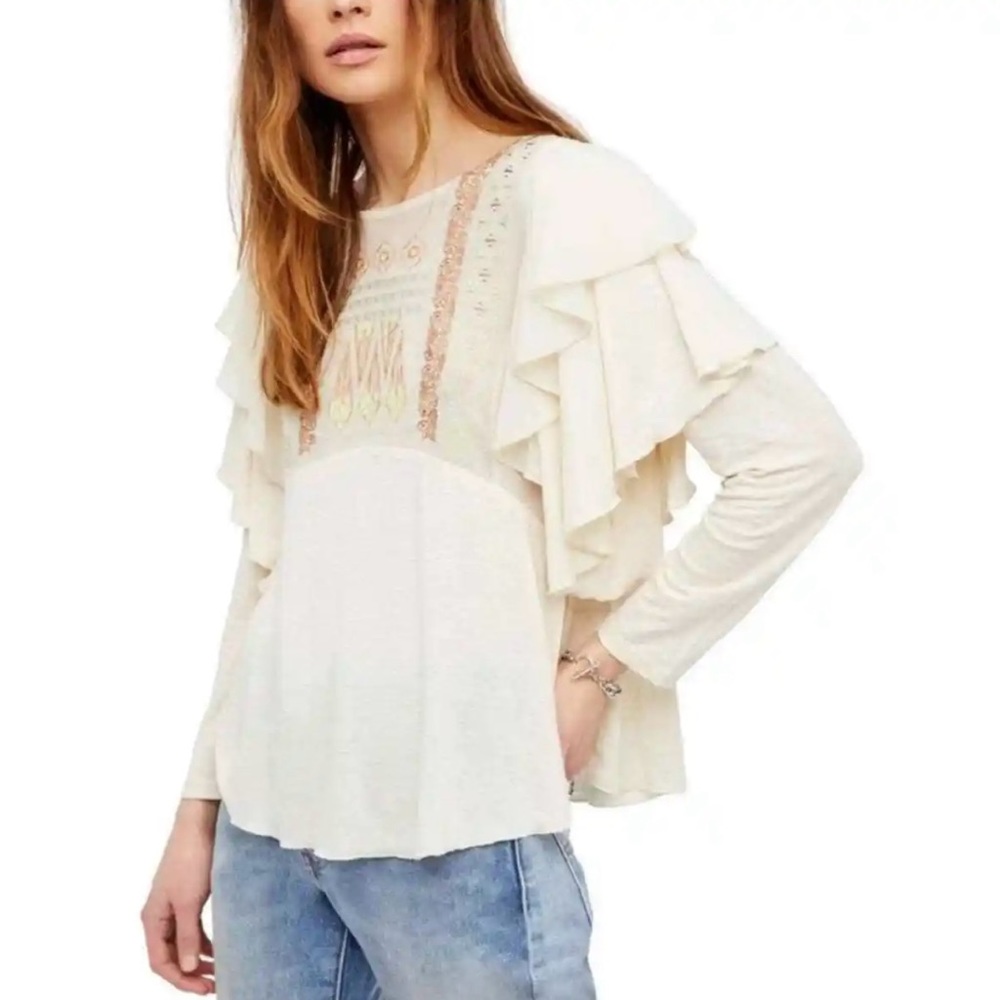NWOT Free People La Cienega Boho Embroidered Ruffle Shoulder Top - Almond -Large